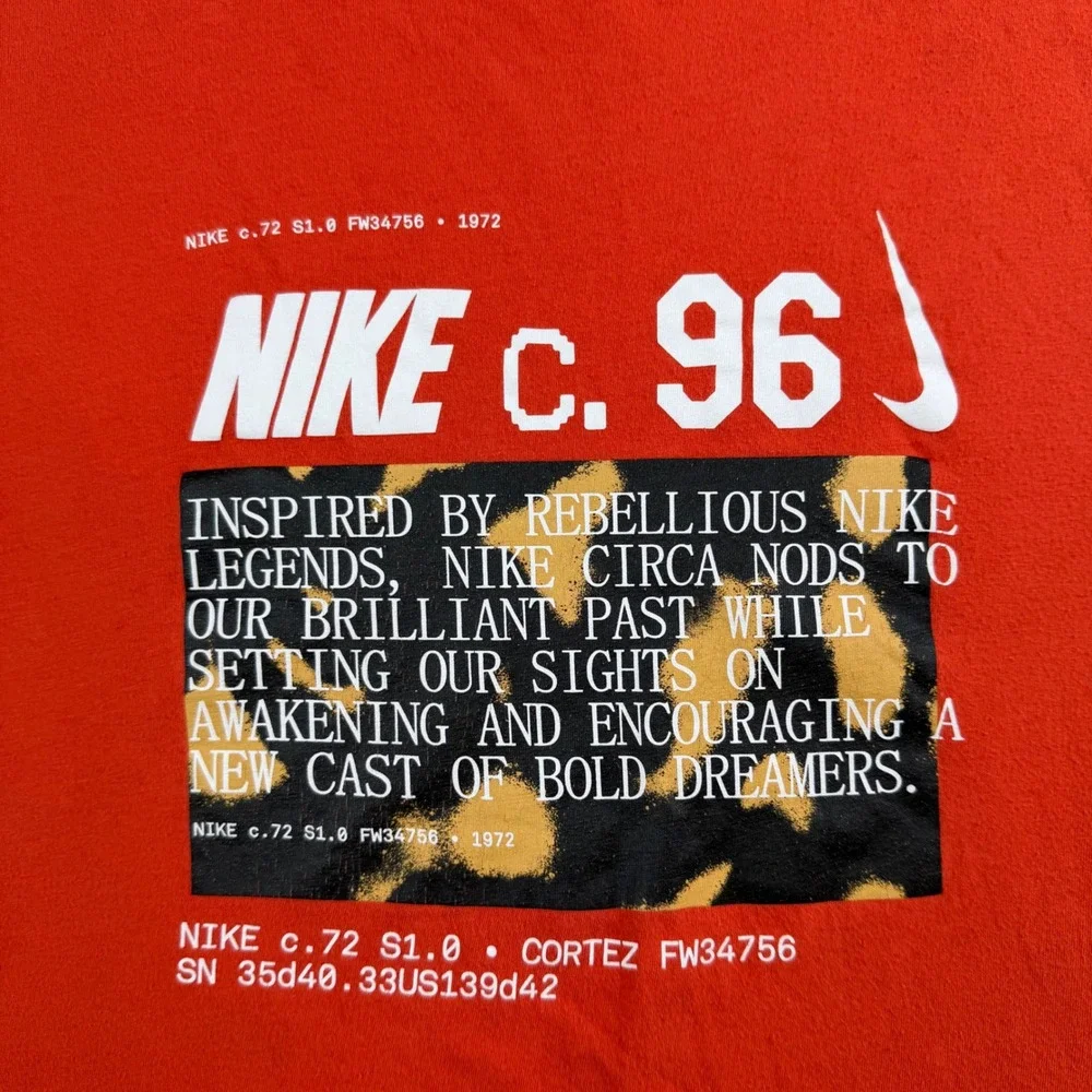 Nike T-Shirt Men's XXL Orange Graphic Nike Circa 96 Bold Dreamers Cortez Tee